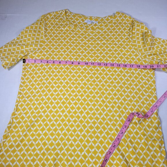 Chicos Women Yellow Diamond Pattern Causal Short Sleeve Cotton Top Size L - Picture 6 of 6